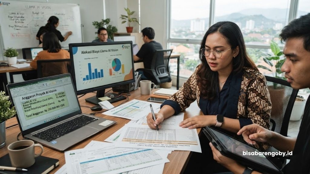 Manajer pengadaan mengevaluasi alokasi anggaran saat menghitung biaya AI Vision untuk startup di Semarang berbasis Llama