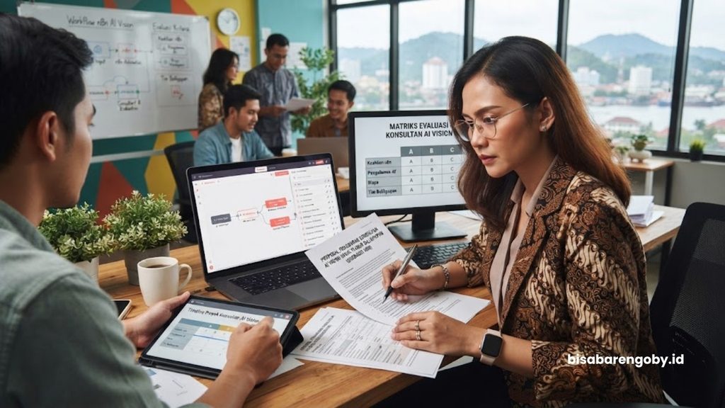 Manajer pengadaan mengevaluasi dokumen proposal saat menyeleksi konsultan AI Vision untuk startup di Balikpapan berbasis n8n