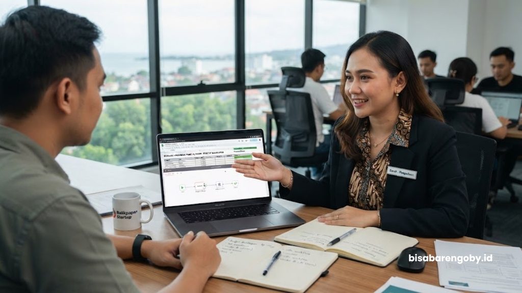 Manajer pengadaan mengevaluasi alokasi anggaran saat menyeleksi paket AI Vision untuk startup di Balikpapan berbasis n8n