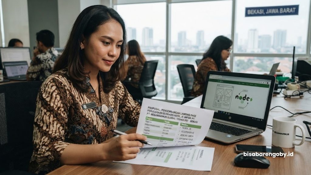 Manajer pemasaran meninjau dokumen proposal saat memutuskan beli landing page untuk perusahaan di Bekasi berbasis Node.js