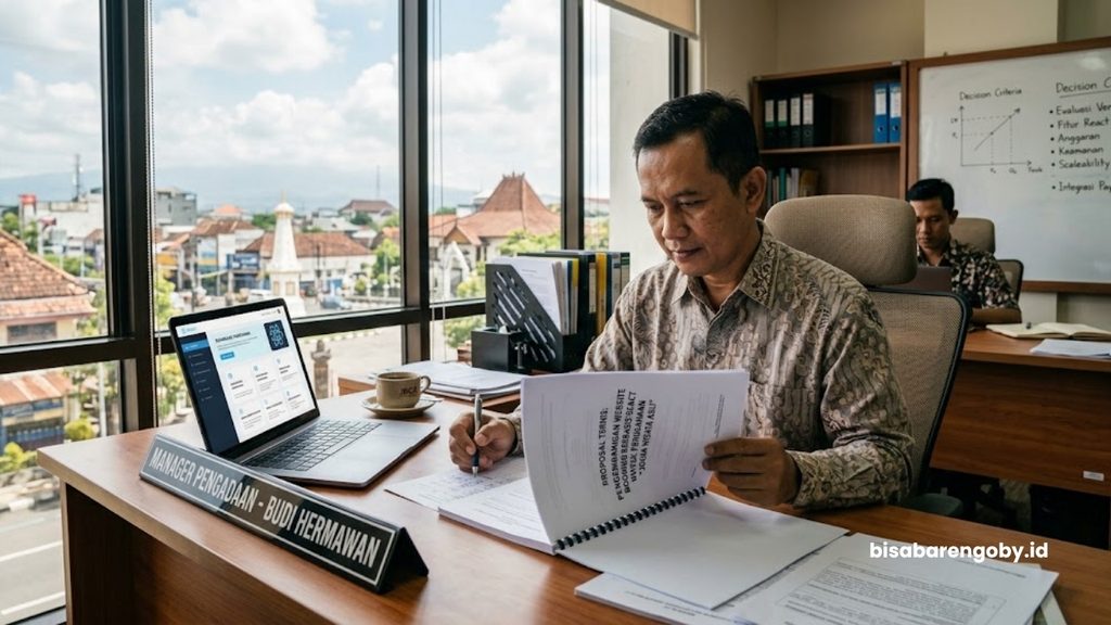Manajer pengadaan meninjau proposal teknis saat memutuskan beli website booking untuk perusahaan di Yogyakarta berbasis React