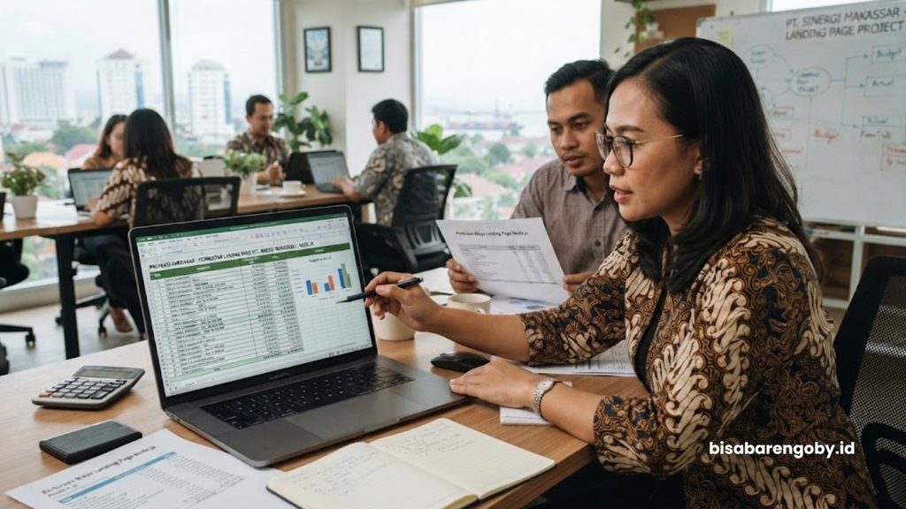 Manajer pengadaan memproyeksikan anggaran saat menghitung biaya landing page untuk perusahaan di Makassar berbasis Node.js