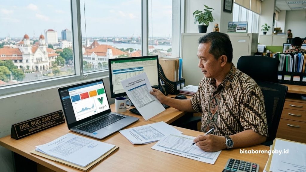 Manajer pengadaan menyusun anggaran TI saat mengevaluasi biaya website booking untuk perusahaan di Semarang berbasis Vue