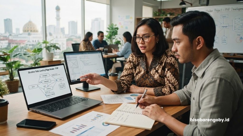 Manajer pemasaran menganalisis struktur data saat merencanakan implementasi landing page untuk perusahaan di Medan berbasis PHP