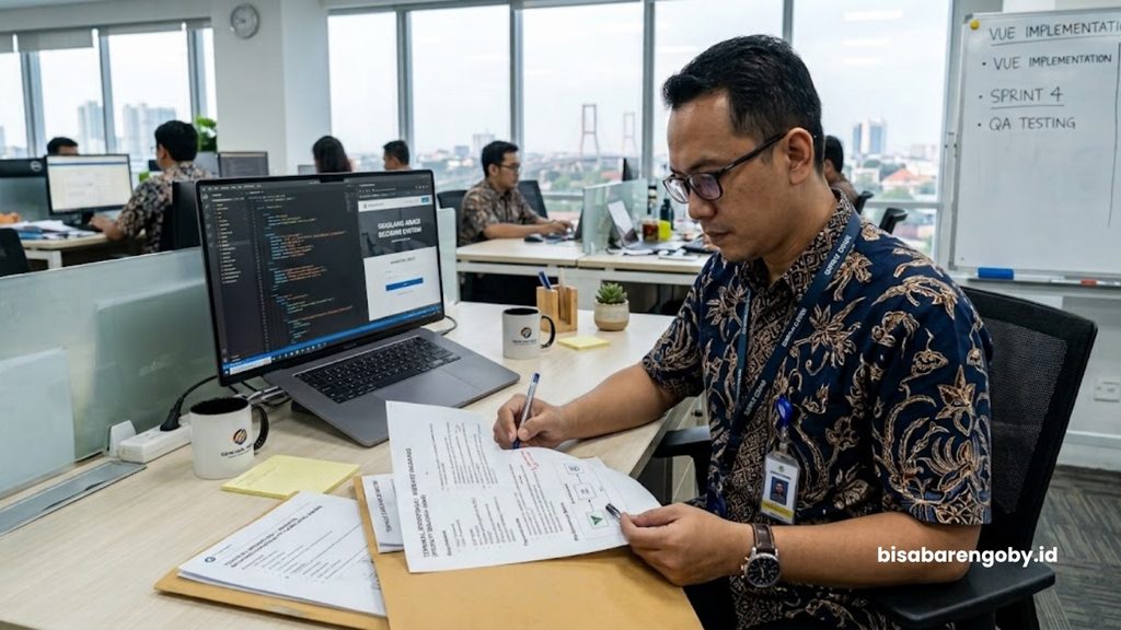 Manajer pengadaan meninjau spesifikasi teknis saat mengeksekusi implementasi website booking untuk perusahaan di Surabaya berbasis Vue