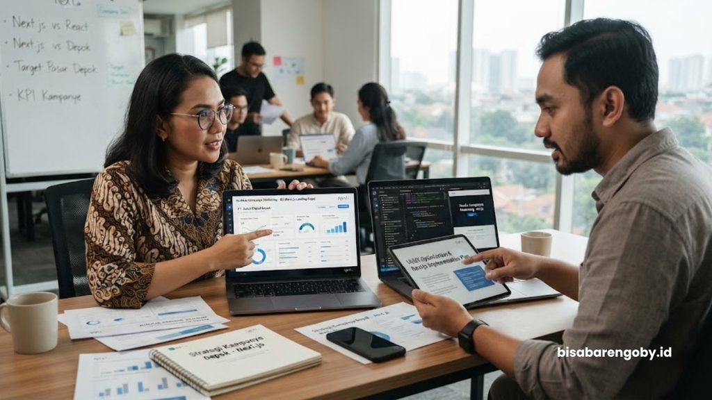 Manajer pemasaran menganalisis strategi kampanye saat berdiskusi dengan konsultan landing page untuk perusahaan di Depok berbasis Next.js
