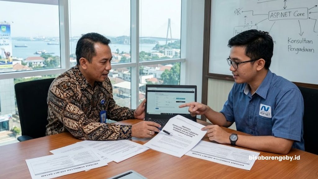 Manajer pengadaan berdiskusi dengan pakar TI saat mencari konsultan website booking untuk perusahaan di Batam berbasis ASP.NET