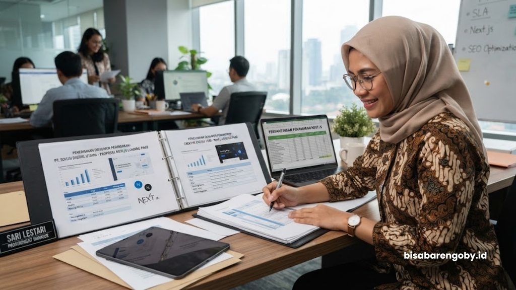 Manajer pengadaan menyeleksi dokumen penawaran saat membandingkan paket landing page untuk perusahaan di Indonesia berbasis Next.js