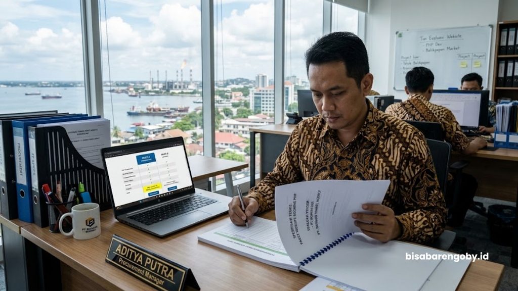 Manajer pengadaan meninjau spesifikasi teknis saat membandingkan paket website booking untuk perusahaan di Balikpapan berbasis PHP